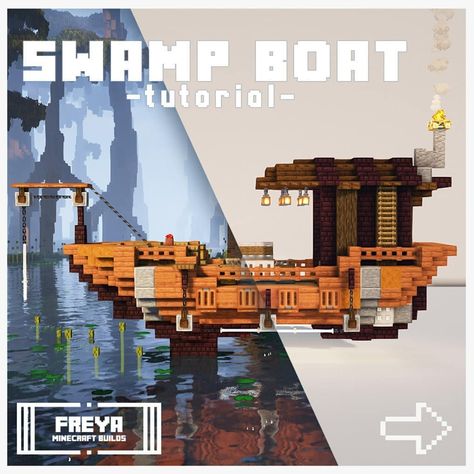 Freya | Minecraft Builder on Instagram: “Swamp Boat Tutorial ____________________________ Due to high demands I felt obligated to give you guys a tutorial. This is meant to show…” Flying Boat Minecraft, Minecraft Japanese Boat, Minecraft Sunken Ship, Sea Lantern Minecraft, Fishing Boat Minecraft, Minecraft Boat Tutorial, Minecraft Tugboat, Minecraft Shipwreck House, Minecraft Boat Blueprints