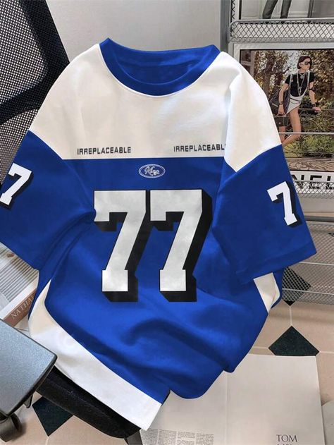 Manfinity Sporsity Men's Color Blocking Letter & Number Print T-Shirt | SHEIN USA Blue Clothes Men, Football Jersey Outfit, Shein Men, Trendy Boy Outfits, Shirt Logo Design, Tee Shirt Fashion, Stylish Hoodies, Dope Outfits For Guys, Tshirt Design Men