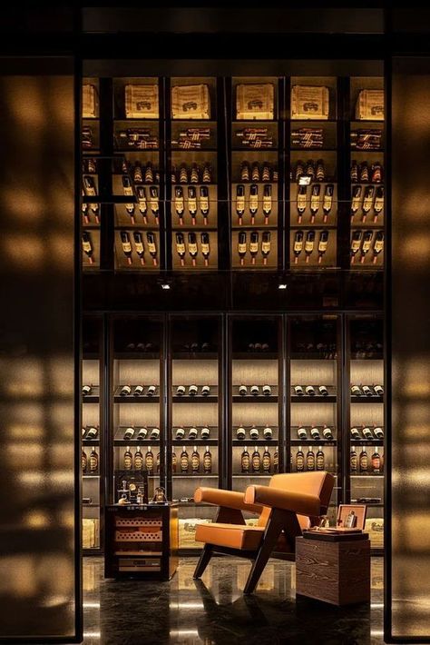 Crystal Furniture, Lounge Aesthetic, Wine Room Design, Liquor Storage, Whiskey Room, Narrow House, Bars And Clubs, Restaurant Concept, Wine Display