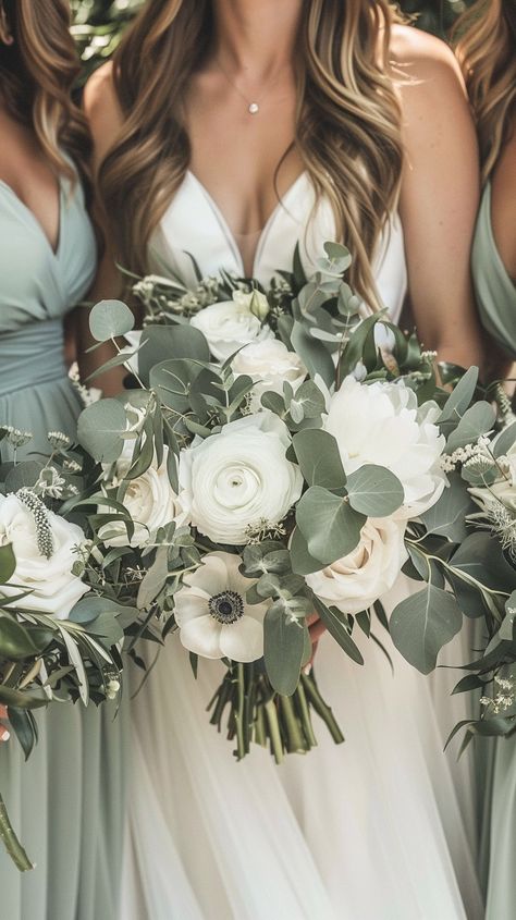 Sage Green And Off White Wedding, Wedding Florals Sage Green, Green Colors For Wedding, Forest Wedding Sage Green, Bridesmaid Dresses In Sage Green, Wedding Sage Green Decor, Sage Eucalyptus Wedding, Green Asthetics Wedding, Green Bouquets Wedding