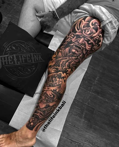 Leg Sleeve Tattoo Men Full, Jacob Tattoo, Japanese Leg Sleeve, Samurai Tattoo Sleeve, Japanese Leg Tattoo, Koi Tattoo Sleeve, Flag Tattoos, Oni Tattoo, Tattoo Japanese Style