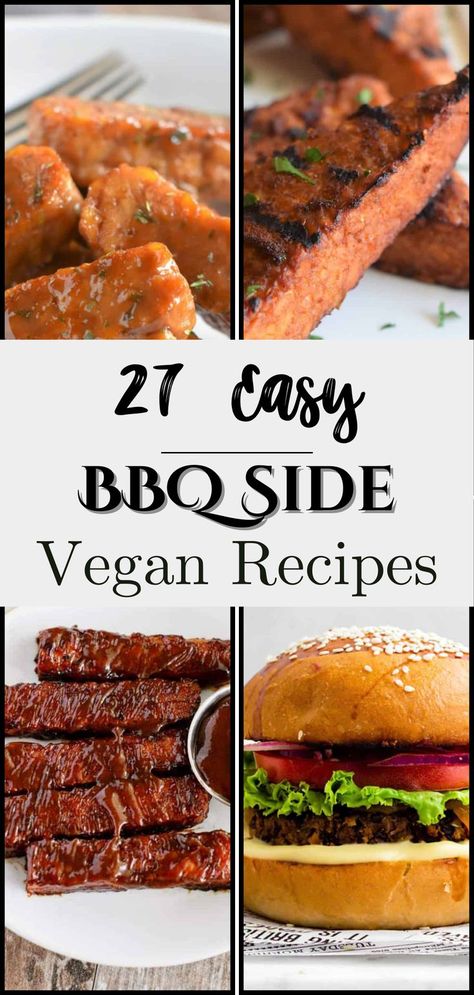 collage of 4  BBQ vegan recipes Bbq Sides Dishes, Vegan Kabobs, Recipes Using Tofu, Vegan Barbecue Recipes, Bbq Tempeh, Vegan Grilling Recipes, Vegan Ribs, Vegan Bbq Recipes, Bbq Tofu