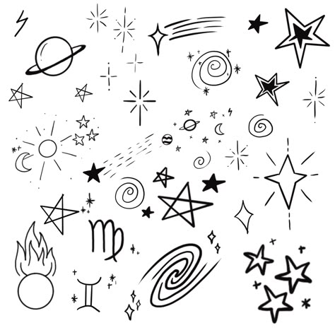 Astrology Doodles Simple, Little Easy Doodles, Cute Stars Drawing, Astronomy Doodles, Star Doodles Aesthetic, Stars Drawing Doodles, Planet Doodles, Funky Tattoo Ideas, Doodle Symbols