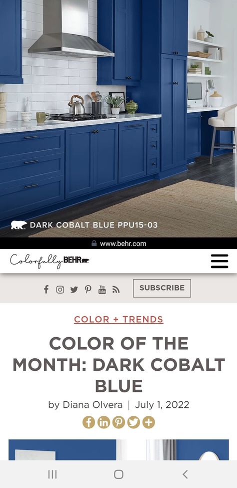 Behr Dark Cobalt Blue, Blue Colour Palette, Kitchen Inspirations, Color Trends, Cobalt Blue, Color Combos, Kitchen Ideas, Cobalt, Paint Colors