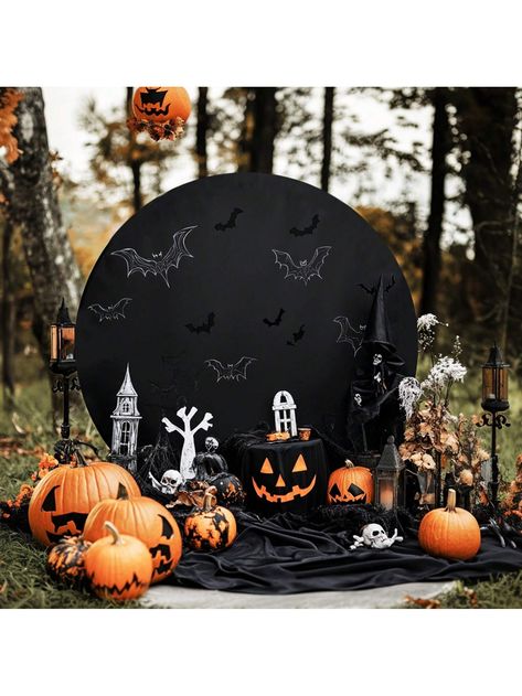 Package Includes: Elevate your Halloween celebrations with our 1-pack of black Round Halloween cloth. It will perfect for creating a mesmerizing backdrop that will captivate your guests. Halloween-Themed Party Backdrop: Set the stage for a bewitching Halloween celebration with our balck Round Halloween cloth. Lightweight yet durable, our round Halloween cloth is the ideal choice for creating a captivating party backdrop. Halloween Party Decorations: these Circular background cloth will elevate the ambiance and enhance the Halloween festive spirit of your celebrations. Prepare for a spellbinding and joy-filled celebration, where the ambiance is elevated to new heights, and the view is simply breathtaking.  Note: This product is not suitable for shelving and only has a circular background cl Plywood Party Backdrop, Halloween Photo Backdrop Diy Outdoor, Halloween Vendor Booth Ideas, Halloween Backdrop Photobooth, Halloween Backdrop Ideas, Halloween Photobooth, Haunted Hollywood, Halloween Photo Backdrop, Halloween Theme Birthday