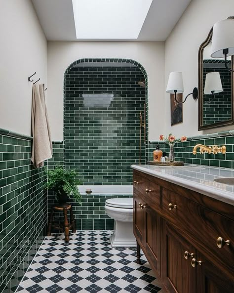 Photography of bathroom with green subway tiles Dark Green Metro Tiles Bathroom, Green Half Tiled Bathroom, Green Grout Bathroom, Green Tile Wet Room, Green Full Bathroom, Green Bathroom Tiles Ideas, Green Pattern Tile Bathroom, Bathroom Remodel Green Tile, Cozy Green Bathroom