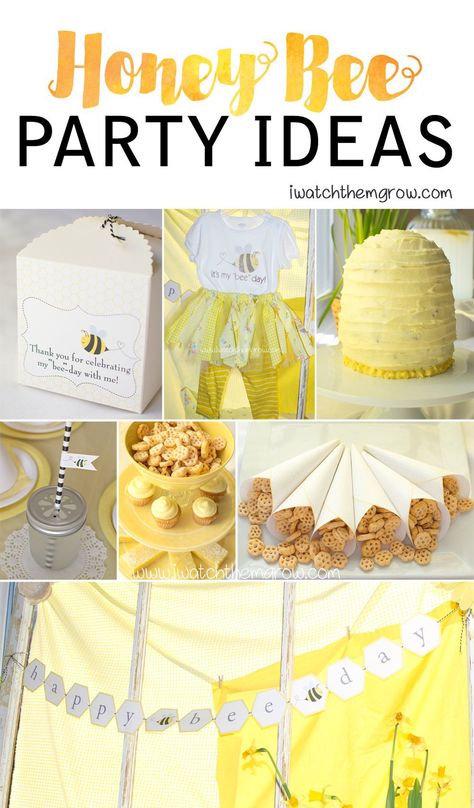 What a bee-utiful honey bee party! Lots of cute ideas for food and decorations., and adorable honey bee party printables! Bee Party Food, Bee Party Ideas, Honey Bee Party, Bee Party Decorations, Rs Activities, Bee Utiful, Ideas For Food, Bumble Bee Birthday, Bee Theme Party