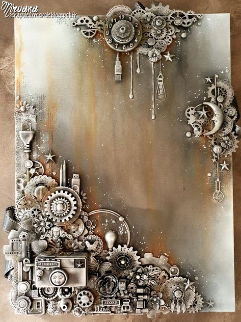 Altered Canvas Mixed Media, Mixed Media Art Ideas Altered Canvas, Junk Art Ideas Recycling, 3d Canvas Art Diy, Grimoire Book Cover, Canvas 3d Art, 3d Art Ideas, Altered Art Canvas, Steampunk Diy Crafts