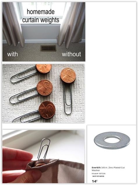 Homemade Curtain Weights ... she used pennies but you could do the same thing with flat washers from Home Depot or any box store, they have heavier weights in flat washers .................. #DIY #curtains #curtainweights #pennies #flatwasher #paperclip #howto #tips #decor #crafts Drapery Weights Diy, Diy Curtain Weights, Curtain Weights Diy, Diy Curtain Rods, Diy Curtain, Homemade Curtains, Outdoor Curtains For Patio, Curtain Weights, Diy Window Treatments