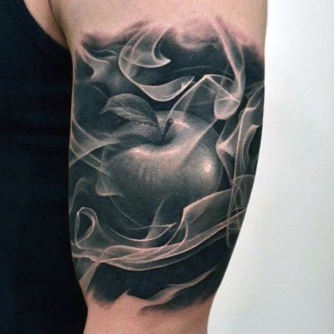 Apple With Smoke Hyper Realistic Guys Quater Sleeve Tattoo Fill In Tattoo Ideas, Apple Tattoo, Hyper Realistic Tattoo, Tattoo Shading, Tattoo Filler, Tattoo Background, Dragon Sleeve Tattoos, Flame Tattoos, Skeleton Hand Tattoo