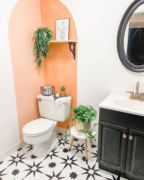 Hi, I’m Tricia, and I’m obsessed with $4 paint samples!! Yes, yes, yes. The arches and the cabinet were all painted with $4 paint… Painted Arch Bathroom, Compact Toilet, Peach Bathroom, Wooden Toilet Seats, Wooden Toilet, Toto Washlet, Kohler Toilet, Bidet Attachment, Toilet Seats