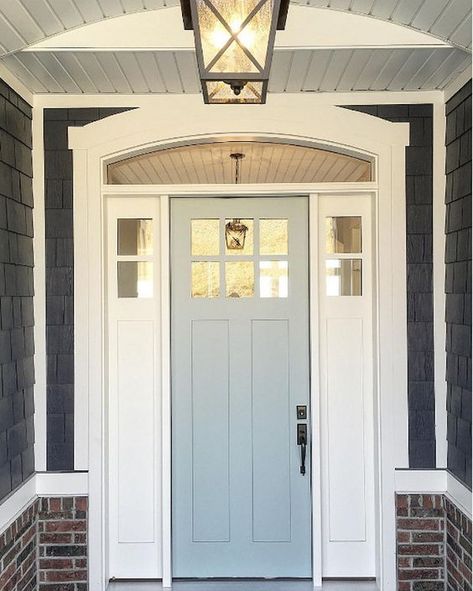 Front door is Benjamin Moore Wedgewood Gray. The shingles are BM Hale Navy Gray Front Door Colors, Benjamin Moore Hale Navy, Navy Front Door, Millhaven Homes, Grey Front Door, Grey Front Doors, Rustic Front Door, Blue Front Door, Front Door Paint Colors