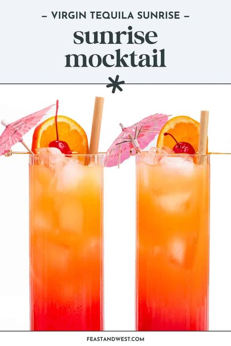 If you need a new non-alcoholic beverage recipe, then try this Sunrise Mocktail and enjoy every fruity sip! (It's a Virgin Tequila Sunrise.) Tequila Sunrise Mocktail, Recipe Using Orange Juice, Sunrise Mocktail, Frozen Strawberry Margarita, Grenadine Syrup, Frozen Drinks Alcohol, Tequila Sunrise Cocktail, Sunrise Cocktail, Sunset Drink