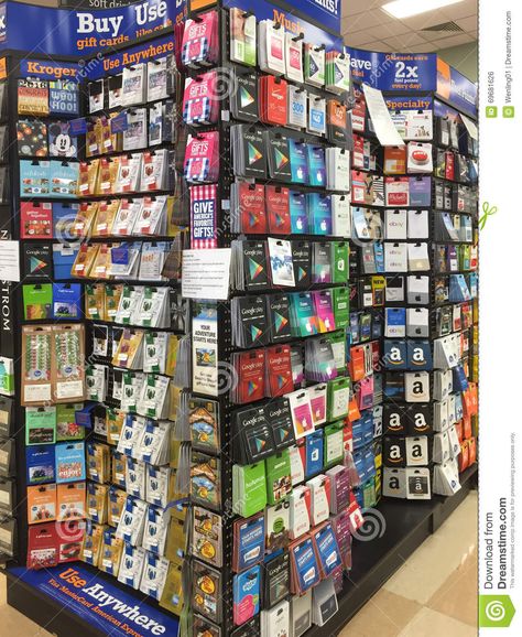 Photo about Lots of gift cards on shelves selling at supermarket, TX USA. Image of interior, background, produce - 69681626 Taco Bell Gift Card, Steam Gift Card, Mcdonalds Gift Card, Itunes Card, Apple Gift Card, Credit Card App, Apple Gifts, Free Gift Card Generator, Get Gift Cards