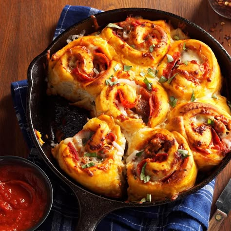 Cheesy Pizza Rolls Recipe -The cast-iron skillet browns these delicious rolls to… Cheesy Pizza Rolls, Pizza Rolls Recipe, Football Foods, Homemade Pizza Rolls, Pizza Roll Recipe, Cheese Sauce For Pasta, School Lunch Recipes, Pizza Roll, Cheesy Pizza