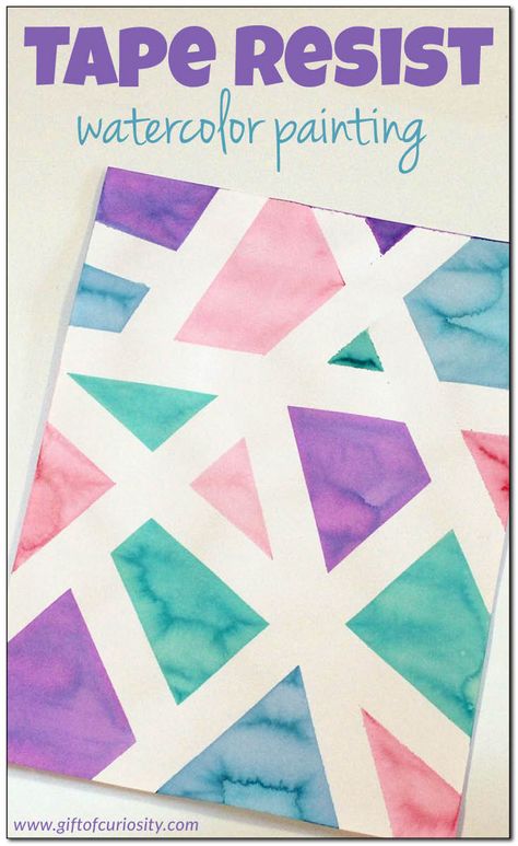 Tape resist watercolor painting - a fun art project for young kids! || Gift of Curiosity Resist Watercolor Painting, Easy Crafts For Teens, Crafts For Teens To Make, Cool Art Projects, Design Geometric, Fun Art, Cool Diy Projects, Crafts For Teens, Summer Crafts