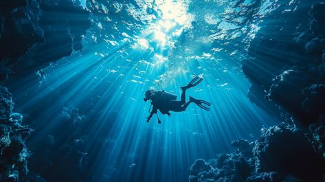 Underwater Exploration Dive: A lone diver explores the captivating #scubadiving, surrounded by #marinelife and rich #sealife. #diving #underwater #ocean #sunlight #beams #aiart #aiphoto #stockcake ⬇️ Download and 📝 Prompt 👉 https://stockcake.com/i/underwater-exploration-dive_946189_1112421 Underwater Exploration, Night Architecture, Dove Images, Diving Underwater, Pc Desktop Wallpaper, Underwater Ocean, Free Diving, Modern Couple, Underwater World