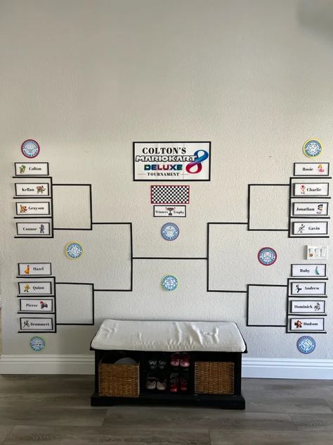 Mario Kart Tournament Party, Mario Birthday Party For Adults, Game Tournament Party, Mario Kart Tournament Bracket, Mario Kart Trophy Diy, Video Game Tournament Party, Mario Kart Trophy, Mario Kart Tournament, Mariokart Tournament