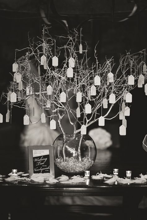 Hanging, wishing tree, Could be centerpiece on table surrounded by votives.  Guests could add wedding wishes! Wedding Guest Book Table Decorations, Tree Branch Wedding Decor, Wishing Tree Wedding, Branches Wedding Decor, Tree Branch Wedding, Wedding Guest Book Table, Guest Book Tree, Tie The Knot Wedding, Wedding Tree Guest Book