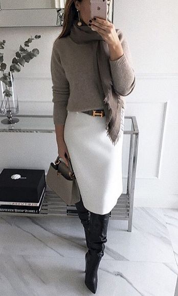 Question: Can a winter white longer skirt work for fall? (after Labor Day?) | PurseForum Business Meeting Outfit, Meeting Outfit, White Pencil Skirt, Grey Kitten, White Pencil, Elegante Casual, Business Outfit, White Skirt, 가을 패션