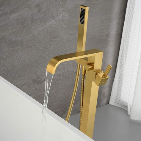 Artiqua Freestanding Bathtub Faucet Tub Filler Brushed Gold Floor Mount Faucets Brass Single Handle with Hand Shower #bathtub #relaxing Freestanding Bathtub Faucet, Bathtub Filler, Gold Floor, Shower Bathtub, Freestanding Bathtub, Tub Filler, Tub Faucet, Free Standing Bath Tub, Free Standing