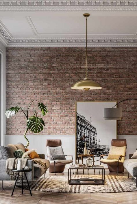 You have so many options, from hanging large-scale art to adding a rug, say interior designers. #details #easyhomedecorideas #homedecorinspiration #homeimprovementideas #marthastewart Brick Accent Wall, Interior Brick, Brick Interior Wall, Brick Interior, Living Room Essentials, Exposed Brick Walls, Exterior Brick, A Living Room, Exposed Brick