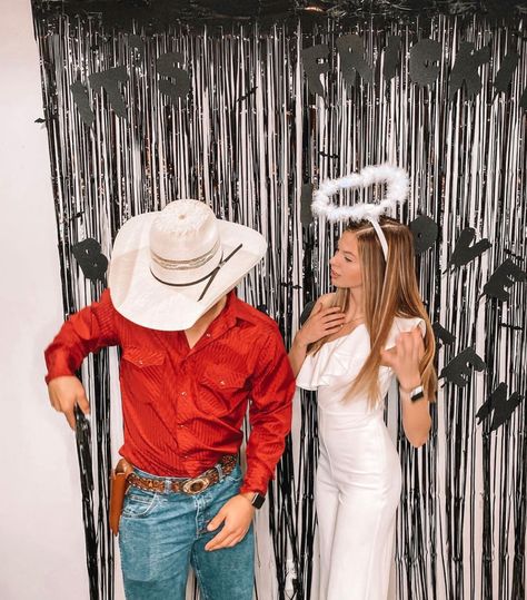 Couples Costumes Appropriate, Cowboy And Angel Couple Costume, Western Couple Costume Ideas, Angel And Cowboy Costume, Frat Couple Costume, Cowboys And Angels Halloween Costume, Couples Halloween Costume Ideas Country, Hallwoon Costumes Couples, Western Couples Costumes For Halloween