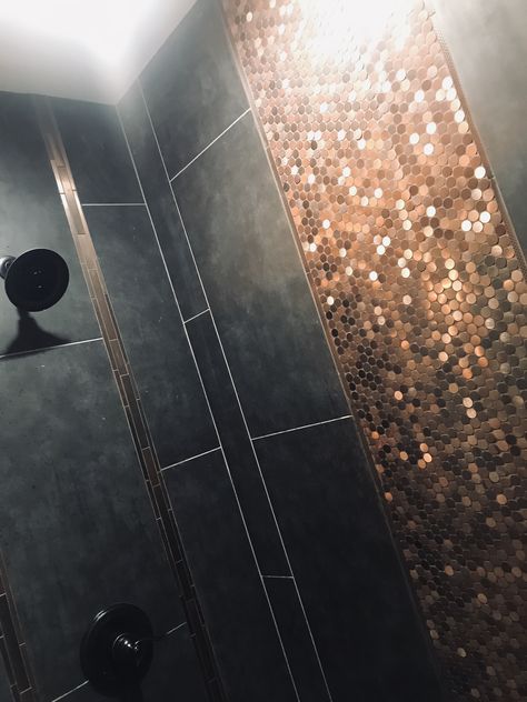 Custom made copper tile shower design idea. Has black tile and two types of copper designs. Copper Tile Shower Ideas, Copper And Grey Bathroom, Black Copper Bathroom, Black White And Copper Bathroom, Copper Interior Design Living Room, Black And Copper Bathroom Ideas, Copper Shower Tile, White And Copper Bathroom, Brushed Copper Bathroom