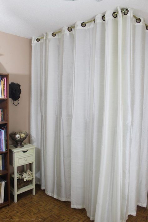 Using Curtains To Separate Rooms, How To Separate A Room, Curtains To Separate Rooms, Curtain Room Divider Diy, Room Divider Ideas Diy Cheap, Laundry Room Large, Homemade Closet, Ways To Divide A Room, Laundry Room Combo