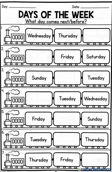 Days of the week interactive activity for Year 2. You can do the exercises online or download the worksheet as pdf. Days Weeks Months Years Worksheet, Worksheet For Days Of The Week, Kindergarten Worksheets Days Of The Week, Exercise Days Of The Week, Days Of The Week Learning, Days Of The Week Exercises English, Activity Sheets For Grade 2 English, Year 3 Activities, Days Pf The Week Worksheets