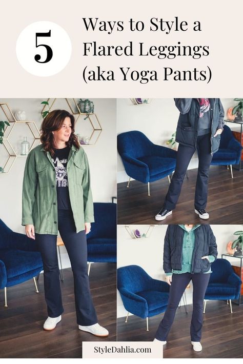 The best flared leggings (aka yoga pants) available now and how to wear them. #styledahlia #over40style #styleover40 #flaredleggings #flaredleggingsoutfits #yogapants #yogapantsoutfits How To Wear Yoga Pants To Work, Colored Yoga Pants Outfit, How To Style Yoga Flare Pants, How To Dress Up Yoga Pants Outfits, Navy Yoga Pants Outfit, Straight Leg Yoga Pants Outfit, Flare Yoga Pants Outfit Fall, How To Wear Flare Leggings, Styling Yoga Pants Outfits