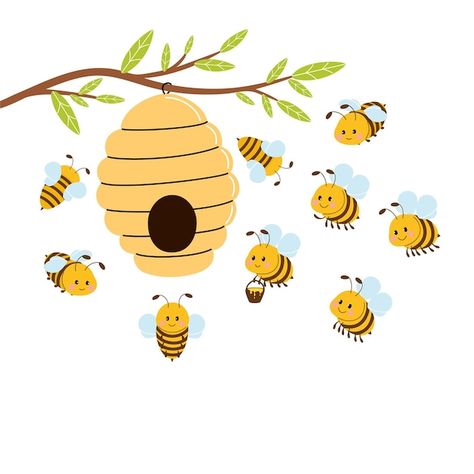 Bumble Bee Illustration Cute, Cartoon Bee Hive, Bee Hive Clipart, Bee Hive Illustration, Beehive Cartoon, Beehive Drawing, Beehive Pictures, Bee Pictures Art, Honey Bee Illustration