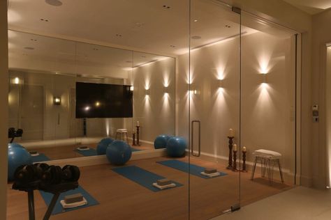 Zen gym lighting! Unfinished Basement Gym Workout Rooms, Basement Gym And Movie Room, Basement Lights Ideas, Basement Gym Lighting Ideas, Basement Gym No Windows, Indoor Gym Aesthetic, Workout Room Lighting, Finished Basement Gym Ideas, Spa Basement Ideas