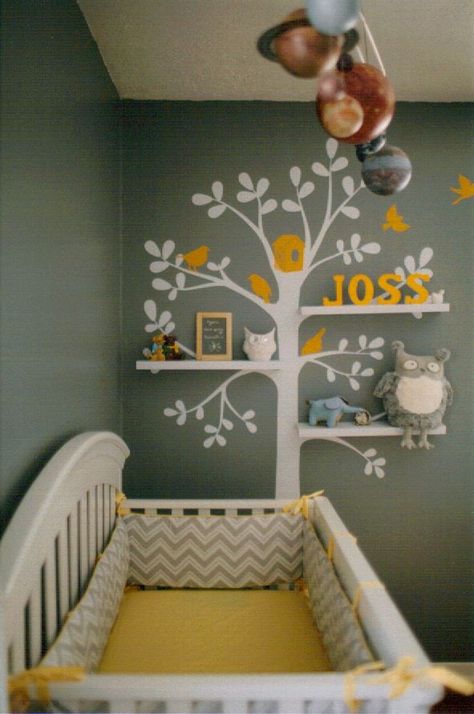 Wall Painting Tree Ideas, Tan Nursery, Grey Nursery Boy, Grey Baby Nursery, Yellow Nursery, Nursery Closet, Grey Nursery, Baby Boy Room, Baby Room Ideas