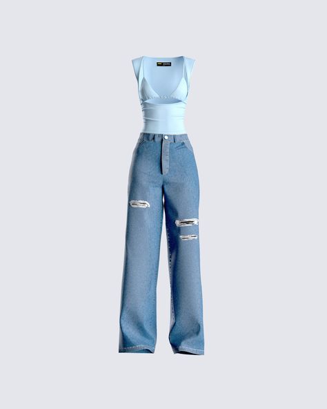 Even on the more casual days, you deserve to look your best 💙 Take on every day with a sense of style in this 2 piece set. Featuring a baby blue jersey cut-out top, and distressed jeans 👏🏼 Baby Blue Outfits For Women, Baby Blue Top Outfit, Blue Casual Outfit, Blue Outfit Ideas, All Blue Outfit, Blue Wardrobe, Baby Blue Outfit, Jeans And Top, Future Of Fashion