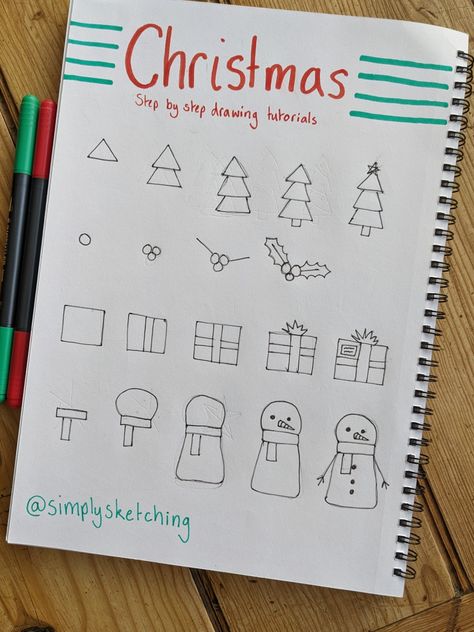 Draw Christmas Doodles, Holly Doodle, Christmas Doodles Easy, Sketching Prompts, Christmas Tree Step By Step, Doodles Tutorial, Draw A Christmas Tree, Christmas Bullet Journal, Draw A Snowman