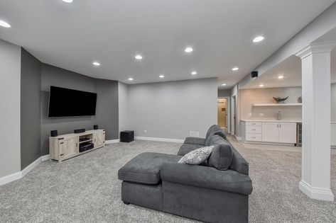 Downers Grove Basement Finishing Project, Grey Walls, Grey Carpet, White Wet Bar - Sebring Design Build Gray Basement, Gray Carpet, Basement Carpet, Home Remodeling Contractors, Small Basements, Basement Makeover, Basement Walls, Basement Bedrooms, Unfinished Basement