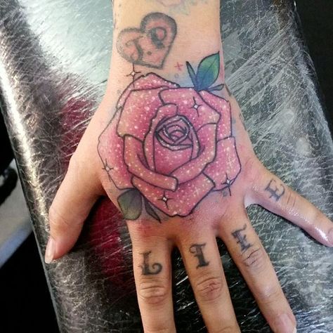 Sparkly Tattoo, Est Tattoos, Golden Tattoo, Sparkle Tattoo, Stone Tattoo, Cherry Tattoos, Free Tattoo Designs, Pink Tattoo, Hand And Finger Tattoos