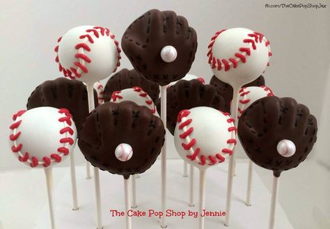 Baseball and Baseball glove cake pops Baseball Desserts, Baseball Party Ideas, Baseball Cake Pops, Baseball Treats, Baseball Birthday Cakes, Baseball Theme Birthday, Baseball First Birthday, Baseball Cake, Baseball Theme Party