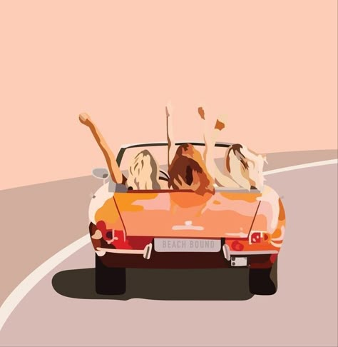 Illustration Art Friends, Roadtrip Drawing, Roadtrip Illustration, Summer Illustration Art, Illustration Friends, Road Illustration, Aesthetic Illustration, Friends Illustration, Girl Friends