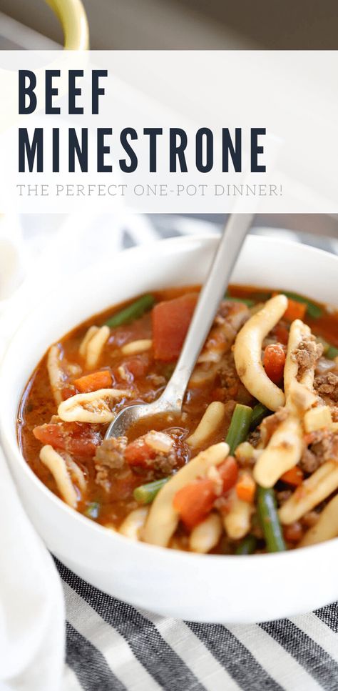 Beef Minestrone Soup Recipe, Recipe With Beef Broth, Easy Ground Beef Soup, Minestrone Soup Recipe Easy, Beef Minestrone Soup, Best Minestrone Soup Recipe, Best Minestrone Soup, Random Dinner, Crockpot Minestrone