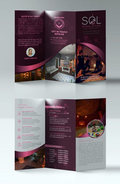 Spa Trifold Brochure, 3 Fold Brochure Design Creative, Spa Brochure Design Inspiration, Trifold Brochure Design Layout Creative, Broucher Ideas Design, Trifold Flyer Design, Standee Design Creative, Brochure Design Layout Creative, 3 Fold Brochure Design