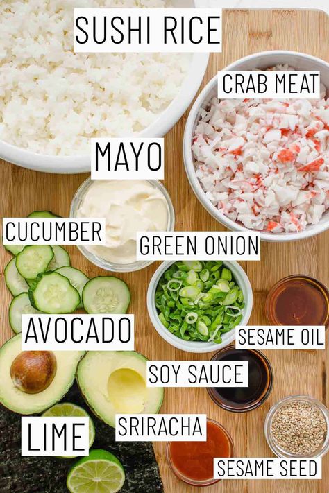 Easy Healthy Sushi Recipes, Easy Sushi Bowls At Home, Homemade Sushi Bowl Recipes, Sushi Bake Without Cream Cheese, No Bake Sushi Casserole, California Roll Bowl Recipe, Healthy Sushi Bake Recipe, Things To Make With Sushi Rice, Fish Free Sushi