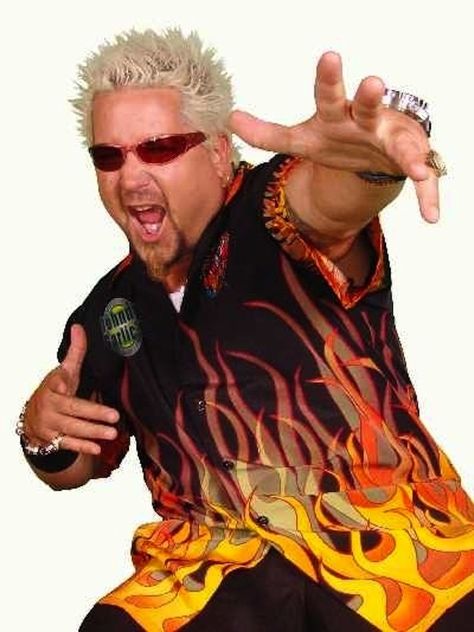 YEAH THIS COOL FLAME SHIRT! | 24 Photos Of Guy Fieri Being TotallyStoked Guy Fieri Flame Shirt, 90s Haircuts, Fire Shirt, Watch Your Back, Guy Fieri, Celebrity Chefs, Dankest Memes, Halloween Party, Halloween Costumes