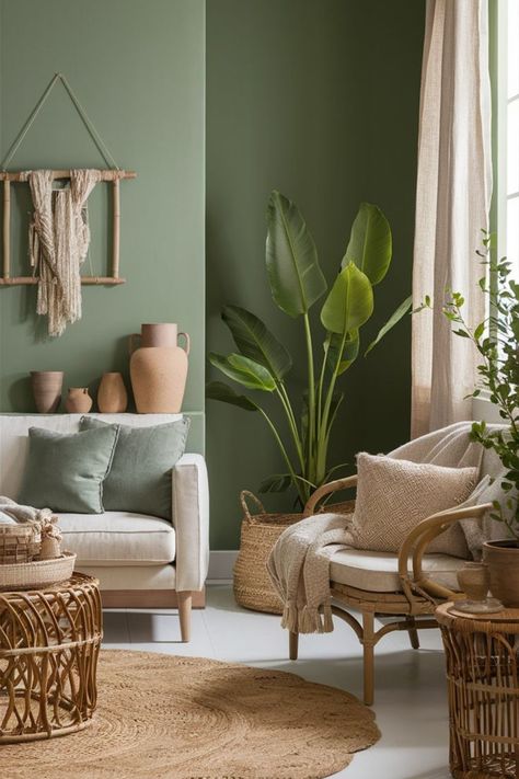 Living room with sage green walls, rattan furniture, and indoor plants. Serene Living Room, Green Walls Living Room, Sage Green Living Room, Rattan Decor, Green Living Room Decor, Earthy Living Room, Green Living Room, Green Lounge, Sage Green Walls