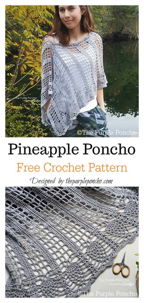 Pineapple Stitch Lace Poncho Free Crochet Pattern #freecrochetpatterns #freeponchopattern #laceponcho #lacepatterns #crochetpineapple Crochet Poncho Free Pattern Woman, Crochet Summer Poncho, Pineapple Stitch, Crochet Wear, Poncho Patterns, Lace Poncho, Crochet Poncho Free Pattern, Crochet Cardigans, Summer Shawl