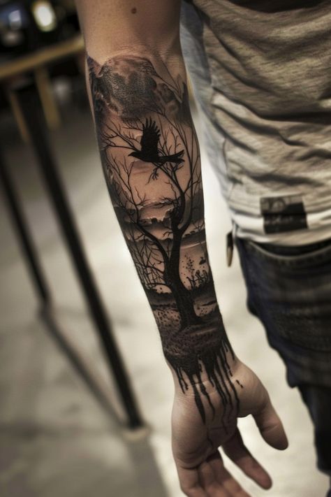 Forearm tattoo of a tree with crows and dripping ink effect. Knife Sleeve Tattoo, Forearm Skull Tattoos For Guys, Full Forearm Tattoo Men Half Sleeves, Black Forearm Tattoo For Men, Gothic Male Tattoos, Gothic Forearm Tattoos Men, Mens Dark Tattoos, Matching Sleeve Tattoos, Plant Tattoos Men