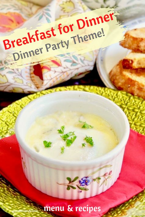 A ramekin with a baked egg in it, parsley sprinkled on top and toast in the background. Breakfast For Dinner Party Theme, Pajama Dinner Party, Prom Breakfast, Breakfast For Dinner Party, Adult Pajamas Party, Themed Dinner Party, Dinner Party Ideas, Pajamas Party, Themed Dinner