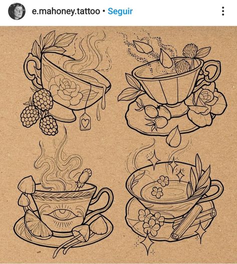 Cottagecore Tattoo Flash Sheet, Tattoo Design Challenge, Mushroom Teacup Tattoo, Yea Bag Tattoo, Autumn Flash Tattoo, Tea Cup Tattoo Design, Witchcraft Art Drawing, Tea Cup Tattoos, Neotraditional Tattoo Flash Sheet