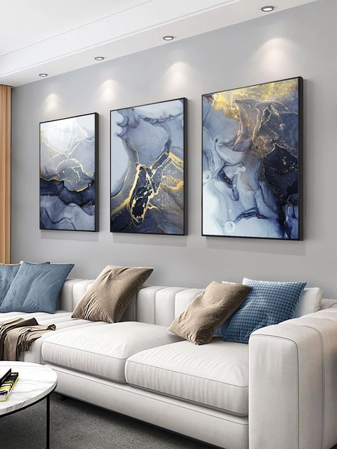 3 piezas/set sin marco azul y dorado tinta contemporánea pintura abstracta en lienzo cuadro de pared moderno para decoración de sala de estar y dormitorioHe descubierto los artículos más increíbles en SHEIN.com, ¡ve y echa un vistazo! Prints Bedroom, Images D'art, Colorful Oil Painting, Blue Prints, Marble Painting, Nordic Wall Art, Prints Abstract, Office Prints, Art Office